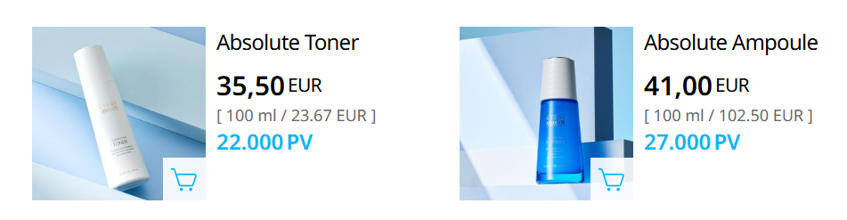 Exemple produit Atomy avec prix en euro et PV